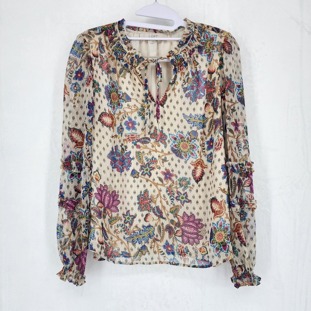 LOFT Petites Small SP Floral Chiffon‎ Blouse Metallic Gold Stripe Smocked Ruffle